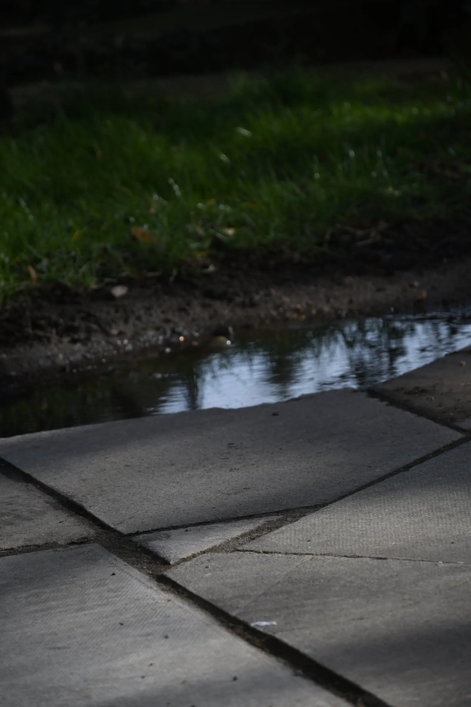 A puddle reflecting the sky on worn paving.