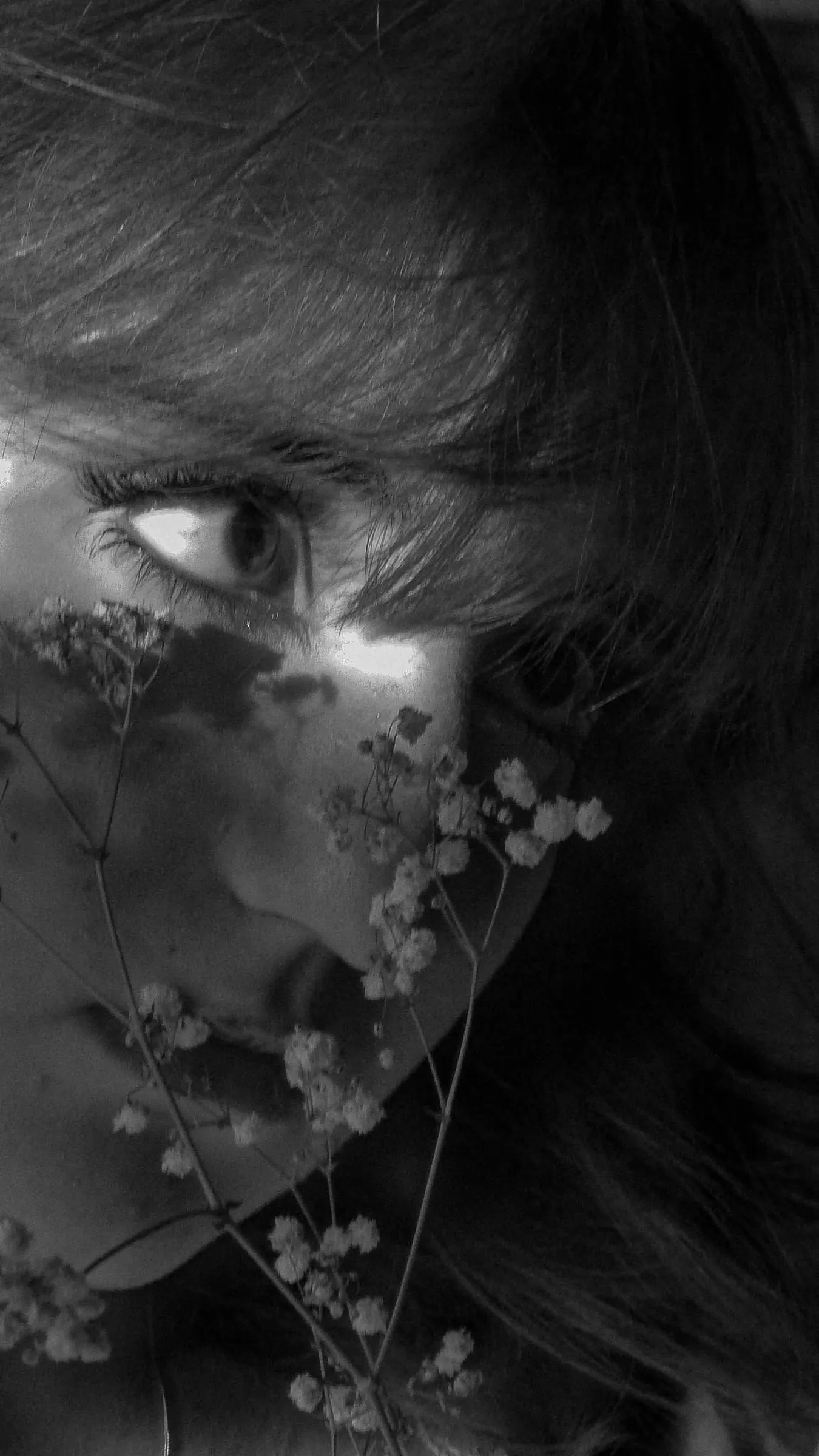 Black and white close-up of an eye behind white flowers.